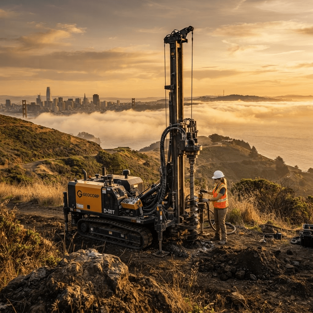 Track-mounted geotechnical drill rig with its mast raised, an engineer working alongside it on a Bay Area hillside at golden hour, the San Francisco skyline and Golden Gate visible through the fog below