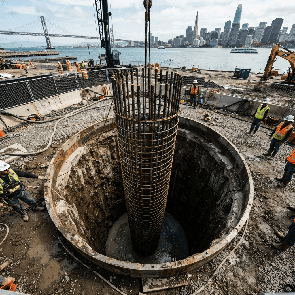 Reinforcing steel cage being lowered into a drilled shaft foundation
