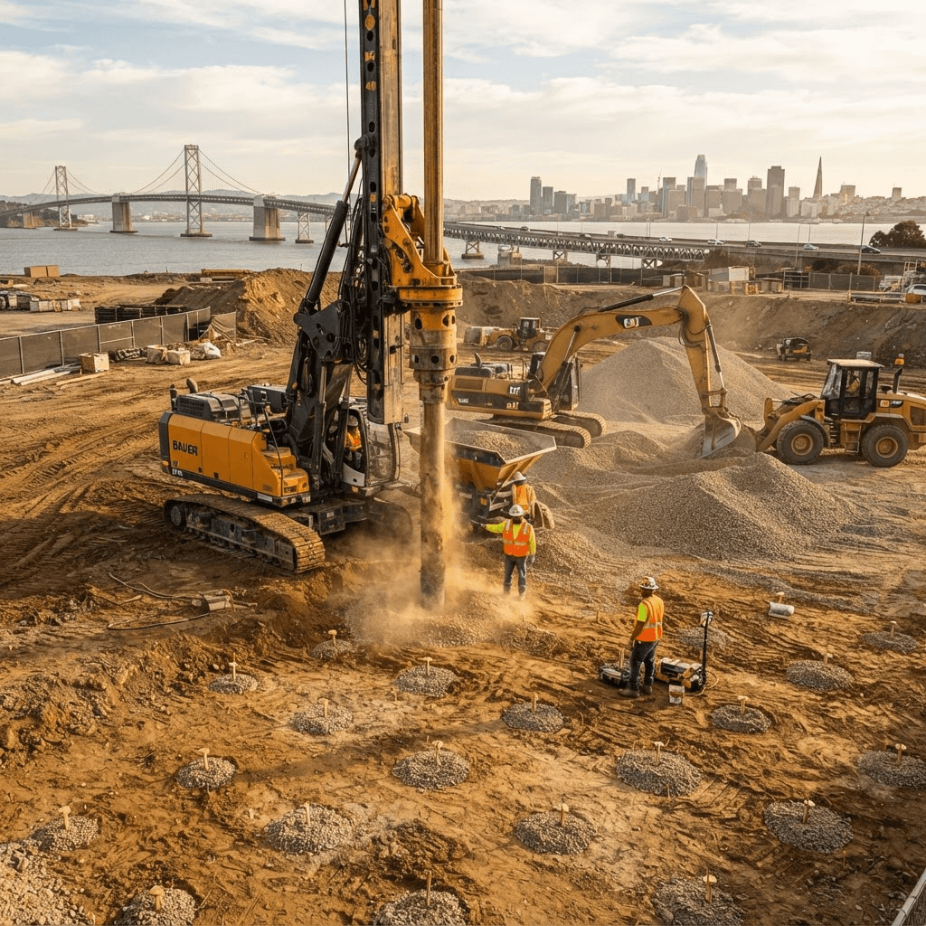 Stone-column ground improvement rig installing columns into soft soil