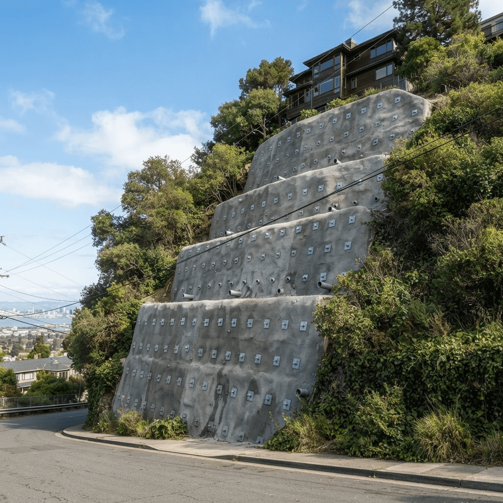 Completed soil-nail and shotcrete slope stabilization wall on an Oakland hillside